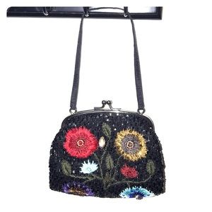 Marco Santi Beaded Embroidered Flower Clutch Black